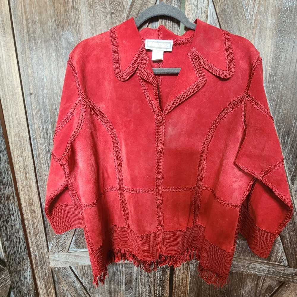 S.M.H. Jacket Red Women's Size XL Suede Leather‎ & Crochet  Boutique Fringe Trim